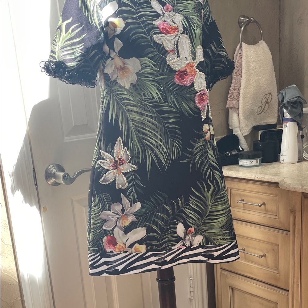 Tropical Floral Embroidered Shift Dress - Black with Green & Pink - Picture 4 of 15